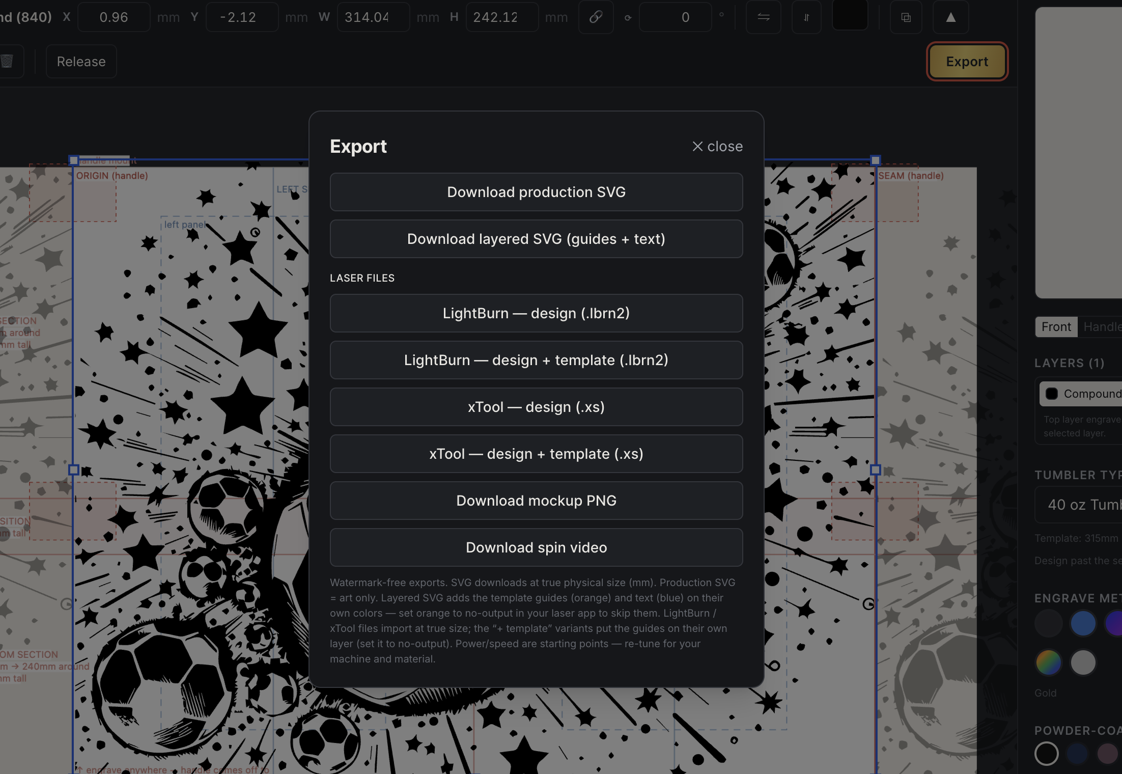 TumblerForge export panel with laser-native file formats